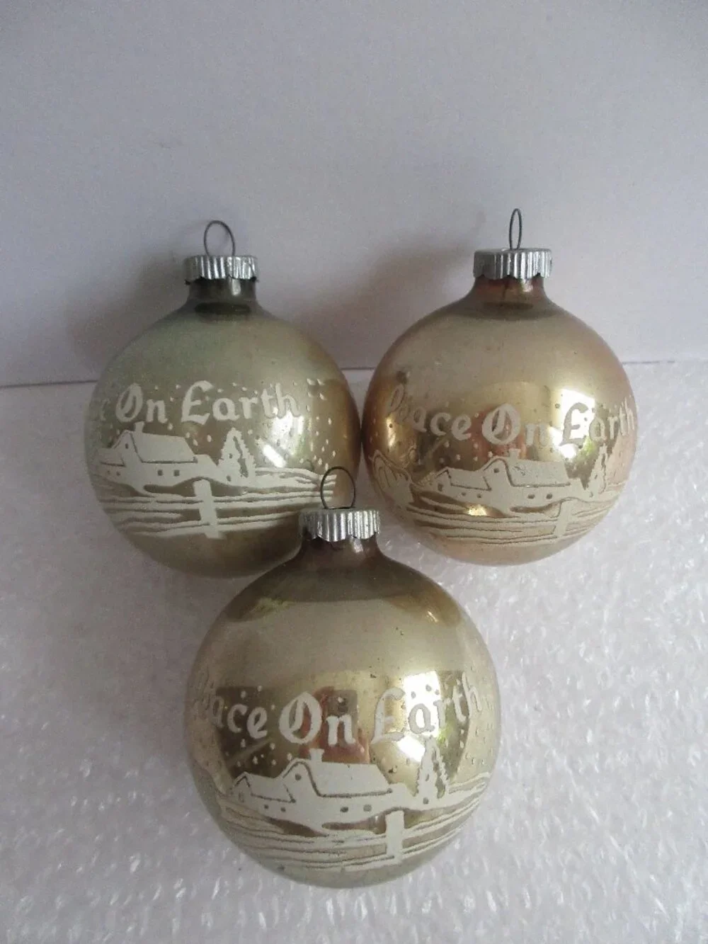 3 Shiny Brite Peace on Earth Stencil Gold Glass Christmas Ball Ornaments Vintage